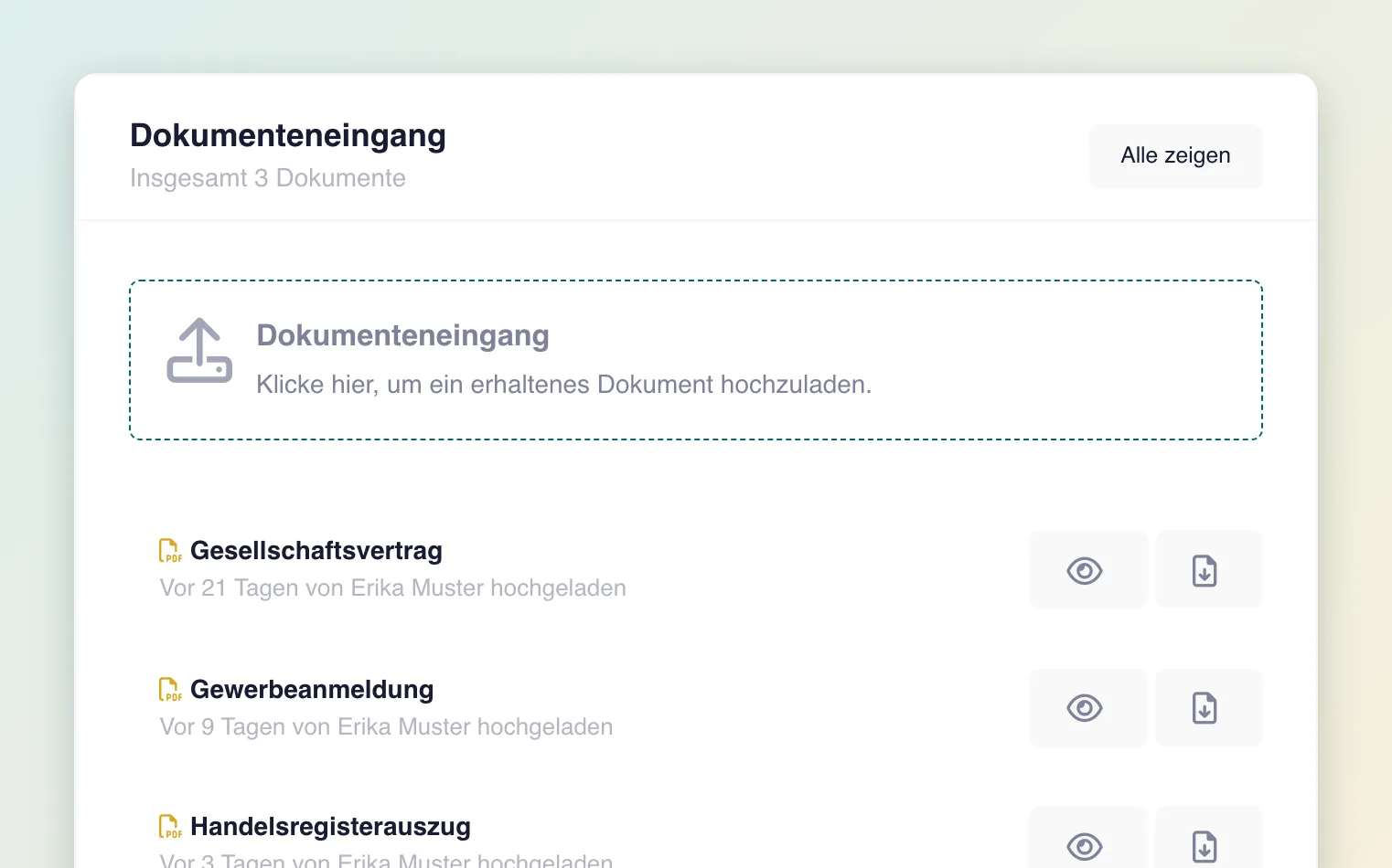 Dokumenteneingang mit hochgeladenen Unternehmensdokumenten